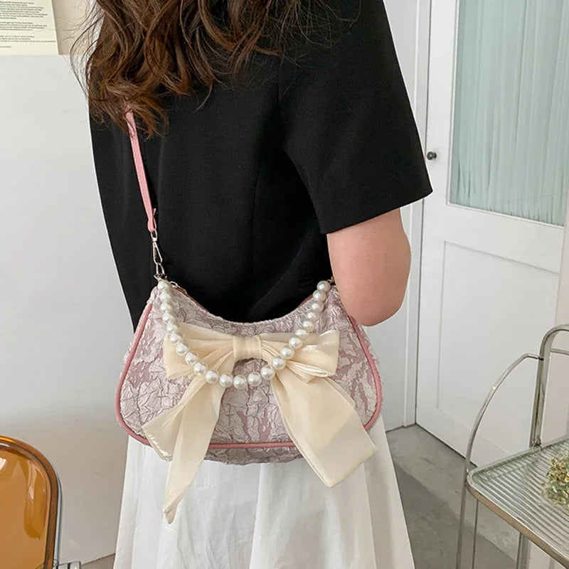 White Folds Pop Retro Bow Bag | Female Pearl Handle New Fashion Pearl Armpit Shoulder & Crossbody Bag