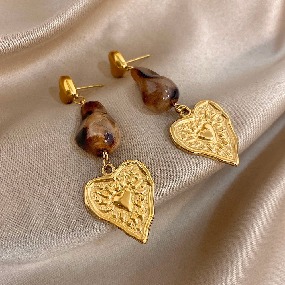 Greatera Caramel Amber Patterned Irregular Heart Earrings For Women Charm Stainless Steel Waterproof Popular Ear Accessories New