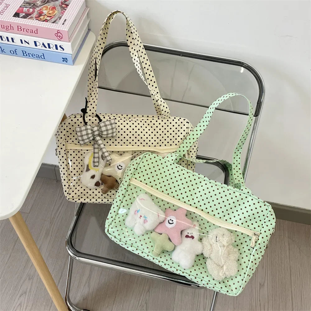 Y2K Ulzzang Ita Bag for Women | Trendy Polka Dot Canvas Shoulder & Underarm Tote (Transparent Pocket, Youth Fashion)