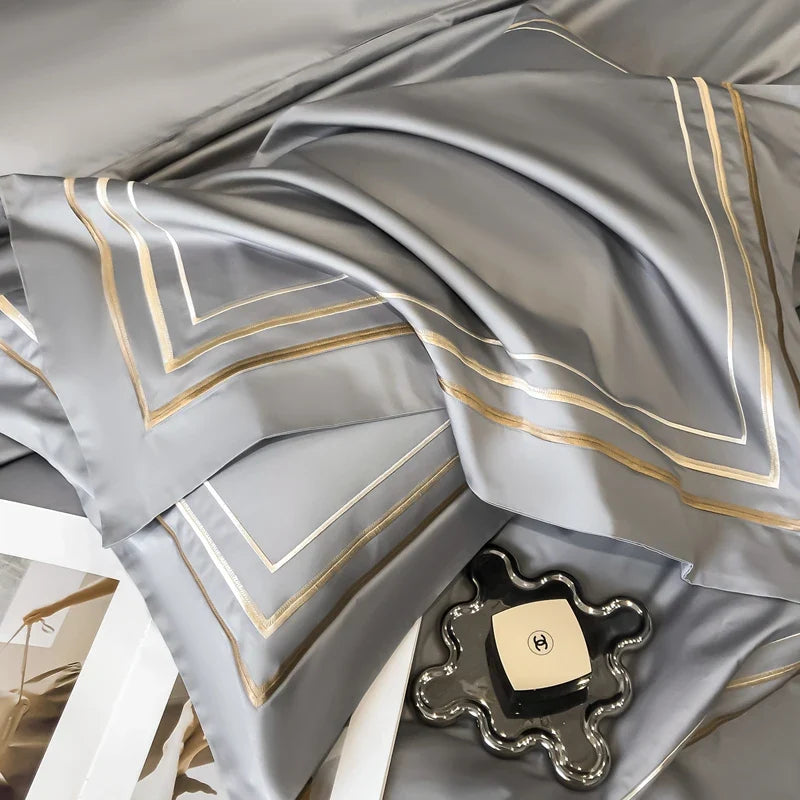 Hotel Style Bedding Set Luxury Golden Embroidery Duvet Cover Grey Egyptian Cotton Bed Sheets Pillowcases Solid Color Bedclothes