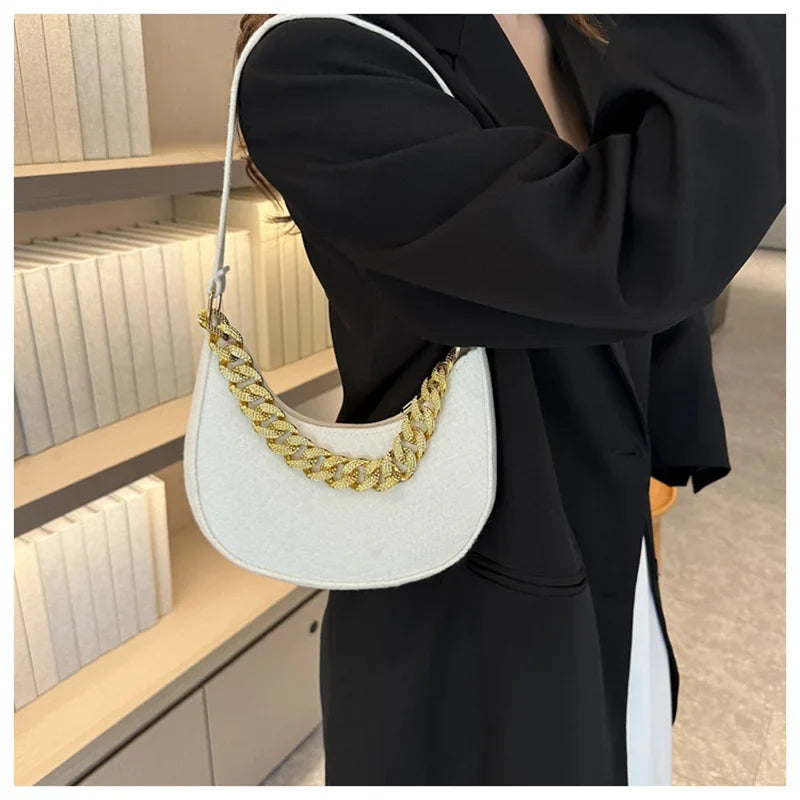 Fashion Women's Felt Handbag | Imitation Metal Chain Underarm Bag (Retro Ladies Solid Color Shoulder Bag, Trendy Casual Clutch Purse)
