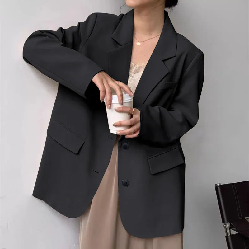 Mid Length Blazer Jacket Women Solid Long Sleeve Pocket Lapel Single Beasted Formal Coat Outerwear Loose Work Casual Blazers