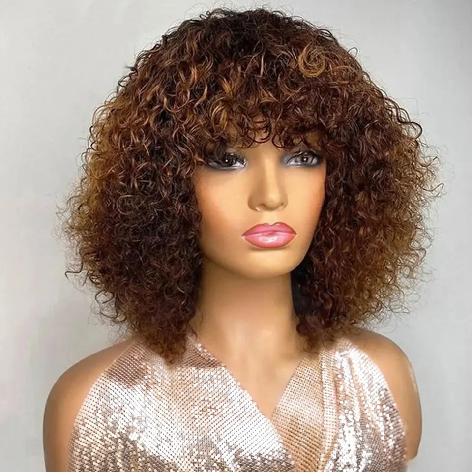 Ombre Honey Blonde Jerry Curly Pixie Bob Wig | Remy Human Hair with Bangs