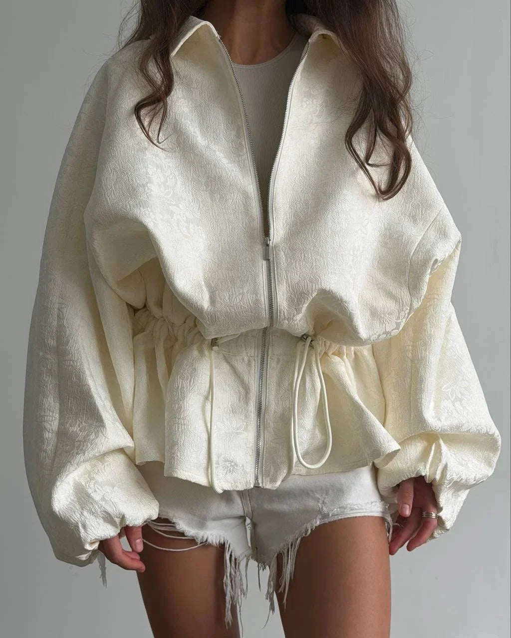 Luxury Apricot Texture Jacket Drawstring Waist Slim Puff Sleeves 2026 Women's Autumn Jackets Chic Commute Date Daily Outerwear