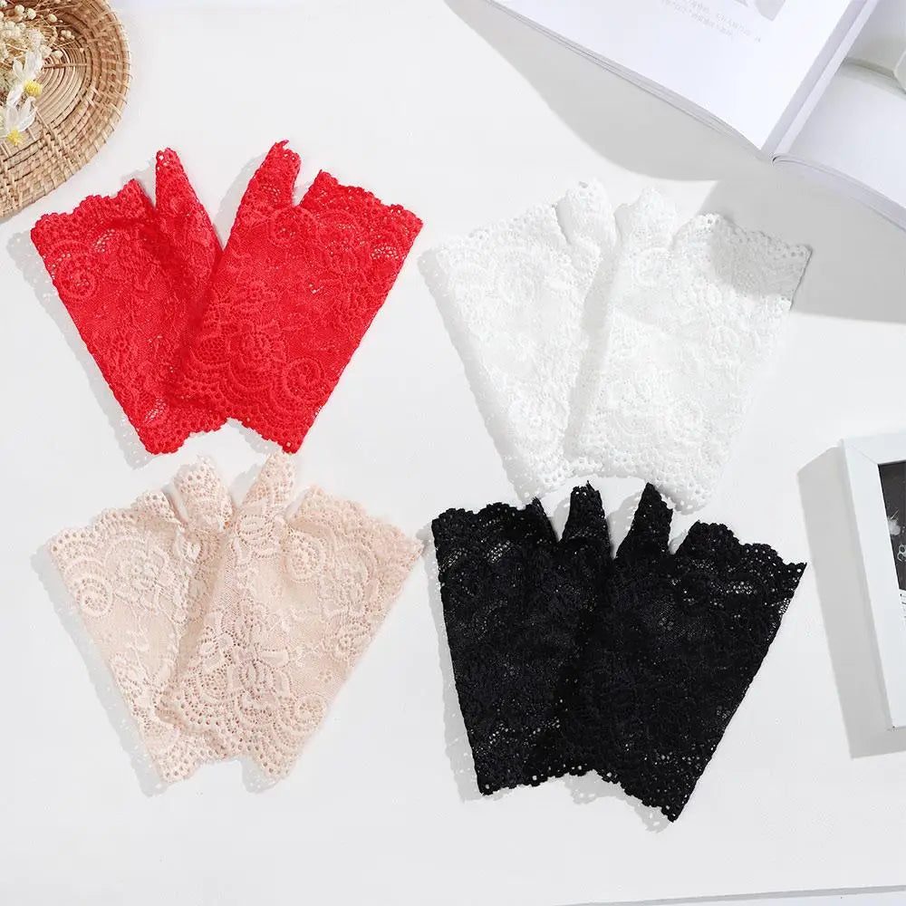 Women Short Lace Hollow-Out Fingerless Gloves Sun Protection Sleeves Mesh Thin Cycling Sexy Mittens Half Finger Handschoenen