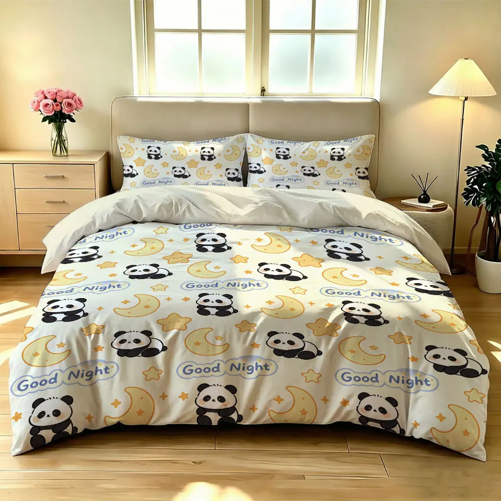 3pcs Cartoon Panda Print Coreless Duvet Cover Cool Summer Lightweight Bedding Set Multi Size Bedroom Bedding Decoration