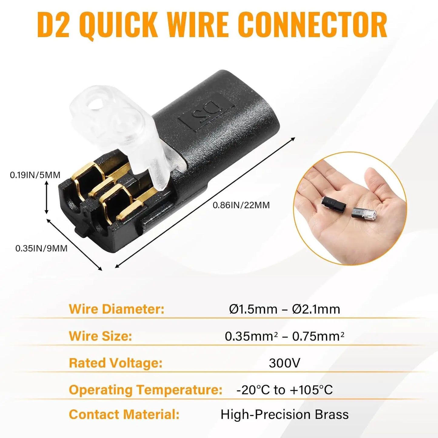 50Pcs D2 Quick Connect Wire Connectors – Optional Stripping Double Wire Plug in Connector with Locking Buckle,