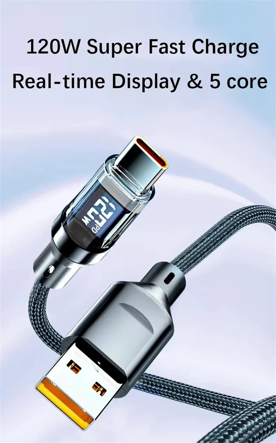 120W Super Fast Charging Cable Real-time Digital Display USB A to Type C Data Cable For iPhone Android Phones Universal