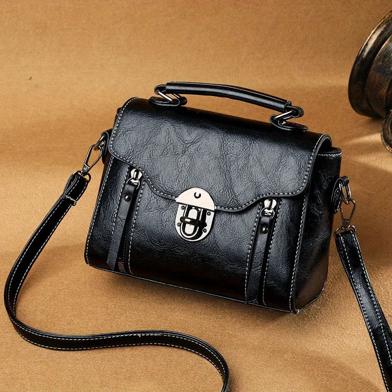 Vintage Turn-Lock Square Satchel Bag for Women | Classic PU Leather Shoulder & Crossbody Handbag (Everyday Tote, Secure Travel Purse)