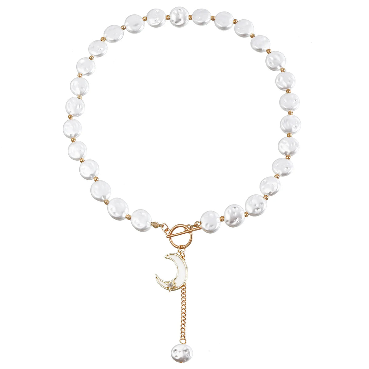 Kpop Imitation Pearl Beaded Pendant Necklace Moon Metal Link Splicing Choker for Women Ladies Jewelry Wedding