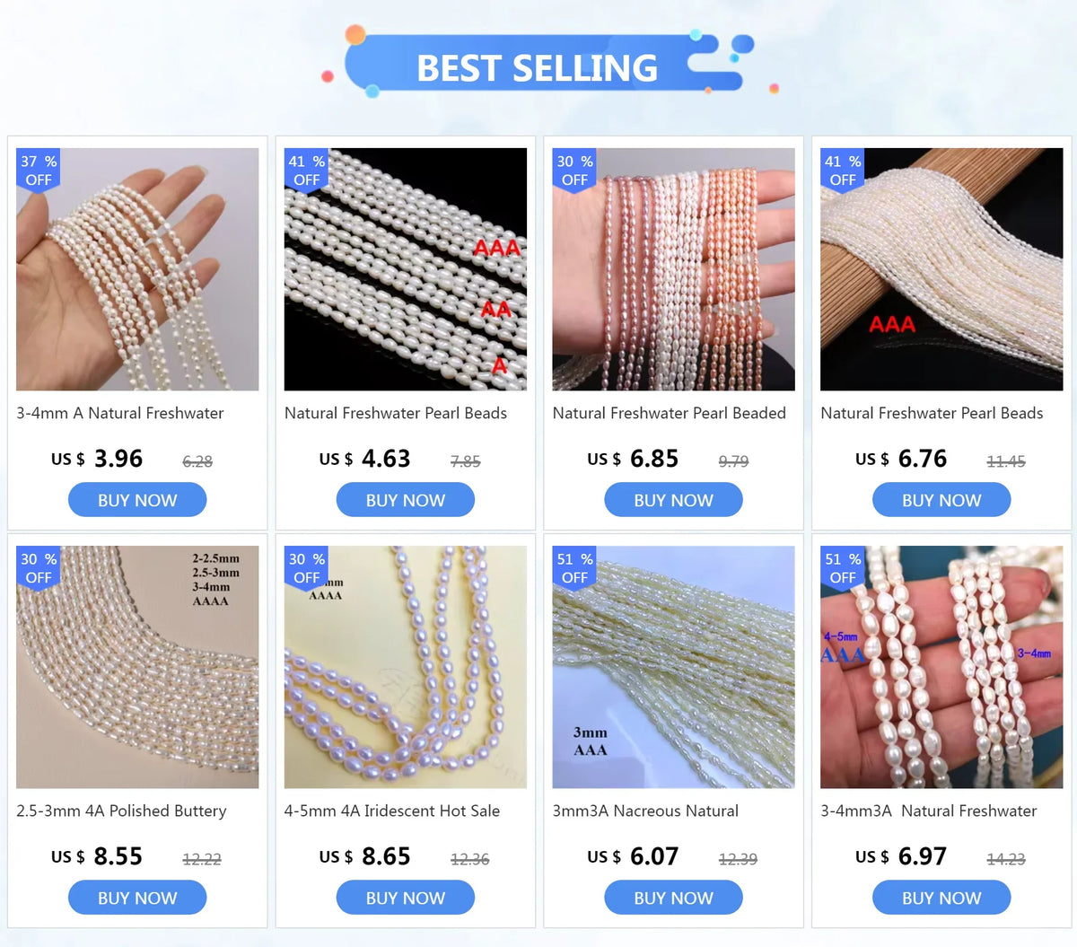 A Natural Freshwater Pearl Bead Rice Shape Christmas Gift Ladies White Jewelry Making DIY Fashion Bracelet Necklace Accessories