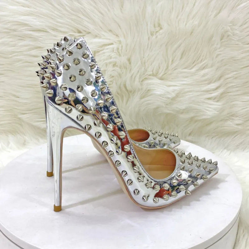 Women New Rivet High Heels 12CM Fashion Pointed Toe Party Single Shoes Europe And America Club Stage Pumps Silver Plus Size 43