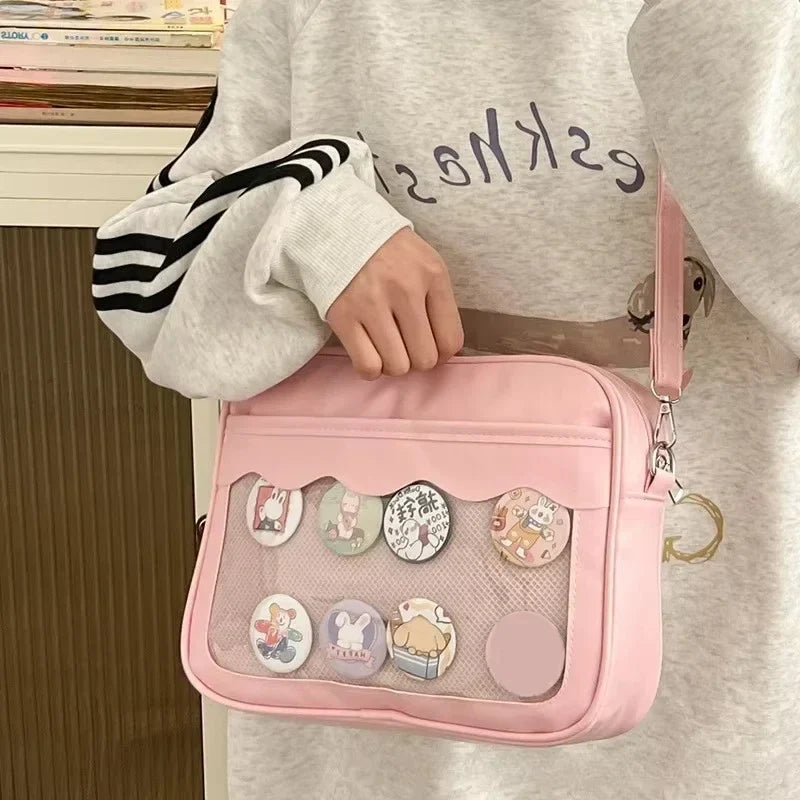Women's PU Transparent Pocket Ita Bag | High School Girls JK Uniform Crossbody Shoulder Handbag (Fashion Satchel)