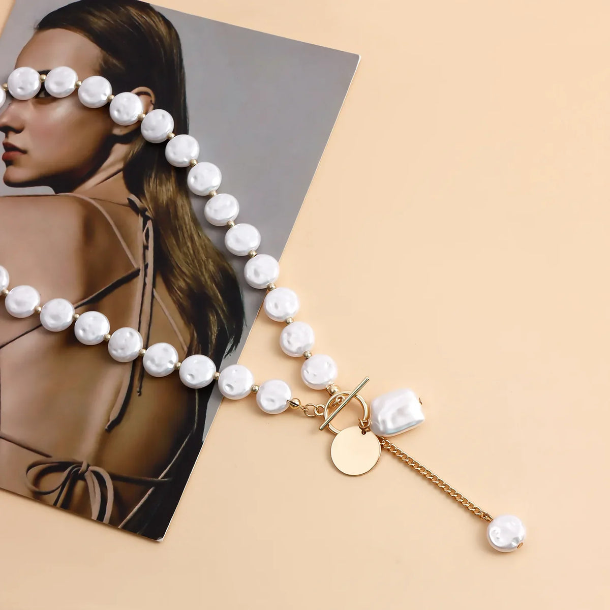 Kpop Imitation Pearl Beaded Pendant Necklace Moon Metal Link Splicing Choker for Women Ladies Jewelry Wedding