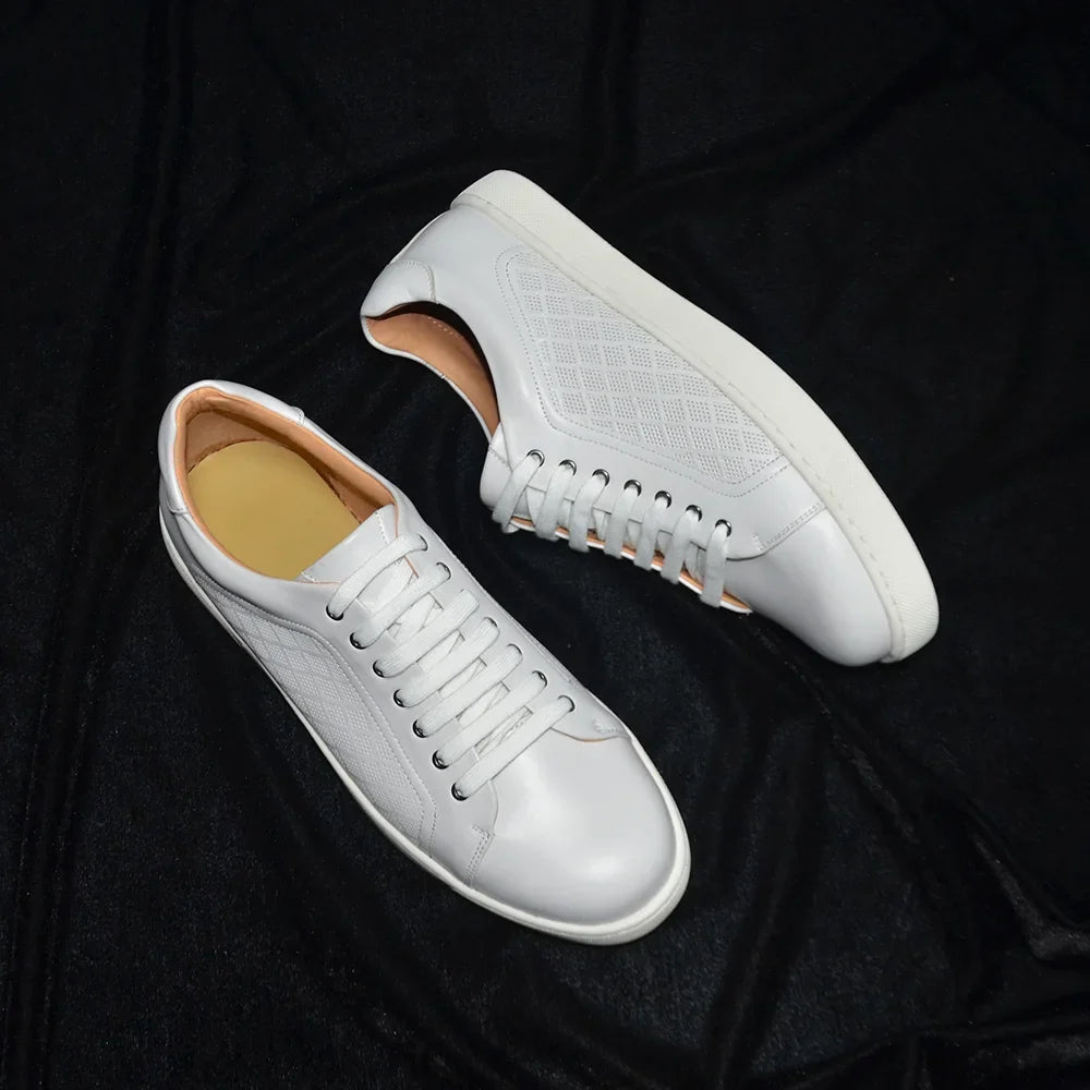 Luxury Designer Men's Genuine Leather Skateboard Sneakers | Classic Black, White & Brown Lace-Up Casual Oxfords