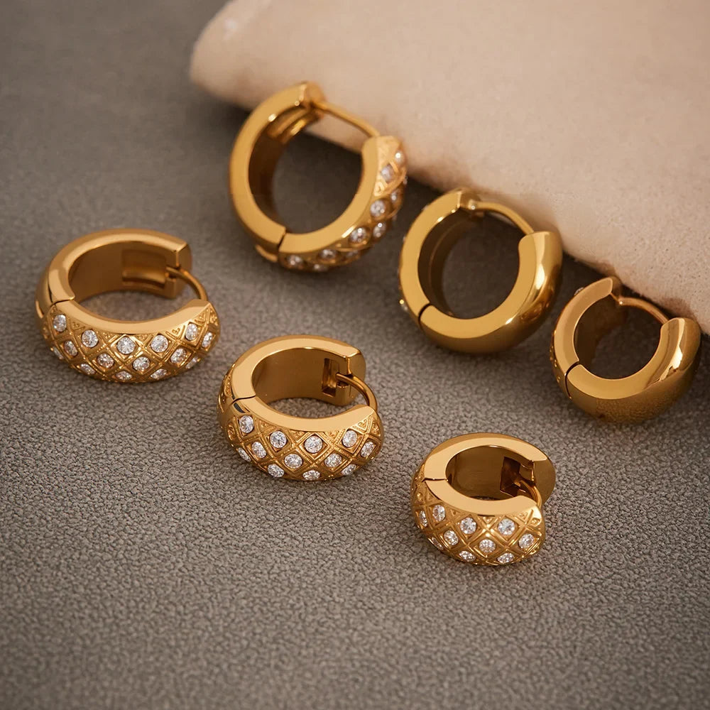 Liora Stainless Steel Zircon Women Hoop Earrings Metal Texture PVD Gold Plated Hypoallergenic Wedding Banquet Earrings Jewelry