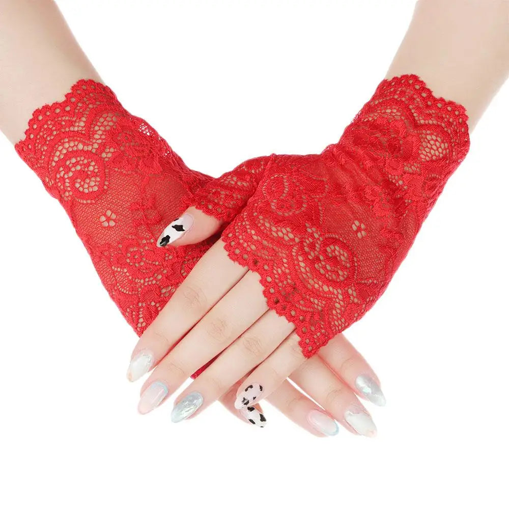 Women Short Lace Hollow-Out Fingerless Gloves Sun Protection Sleeves Mesh Thin Cycling Sexy Mittens Half Finger Handschoenen