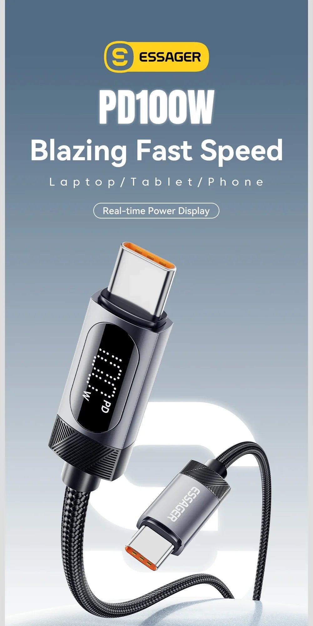Essager Digital Dispaly USB C Cable For iPhone 17 16 15 Xiaomi Huawei 100W PD Fast Charging For Macbook iPad Type C to C Cable