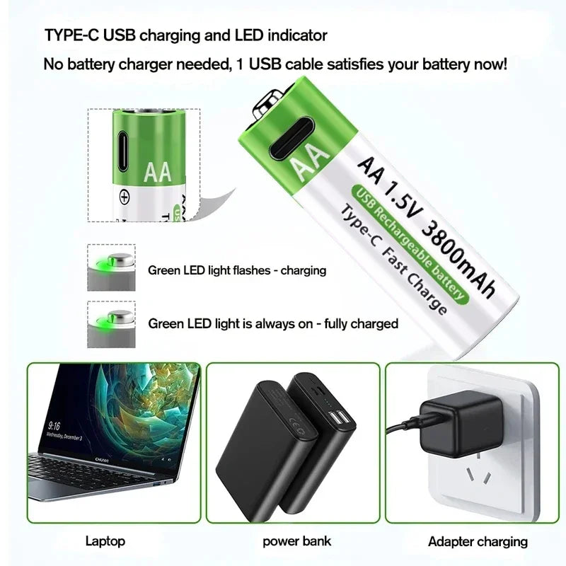 2025NEW Lithium-Ion Battery Type-C Rechargeable High-Capacity Battery AA&AAA Battery For remote control, mouse, electric toys