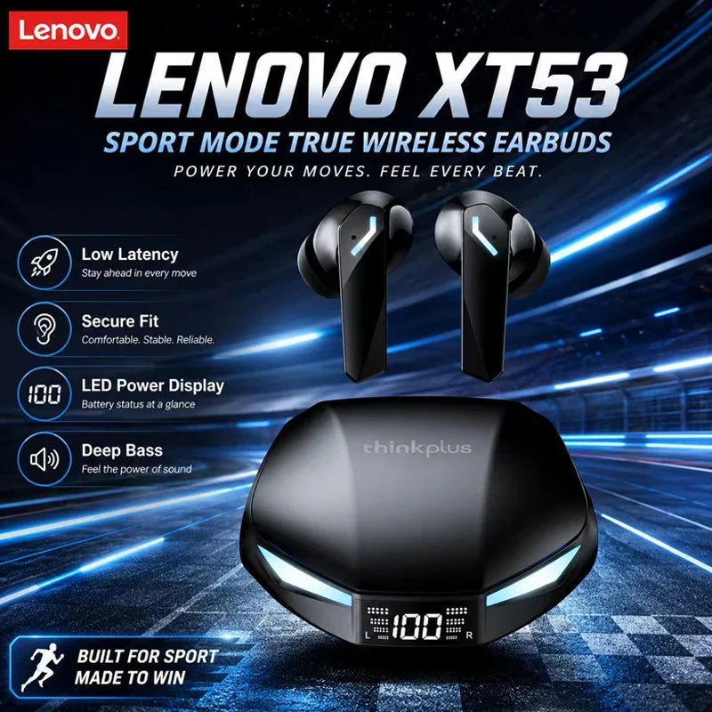 Lenovo XT53 Gaming Headset LED Digital Display Wireless Sport Earbuds HD Call Low Latency Headphones Waterproof GM2 Pro Upgraded