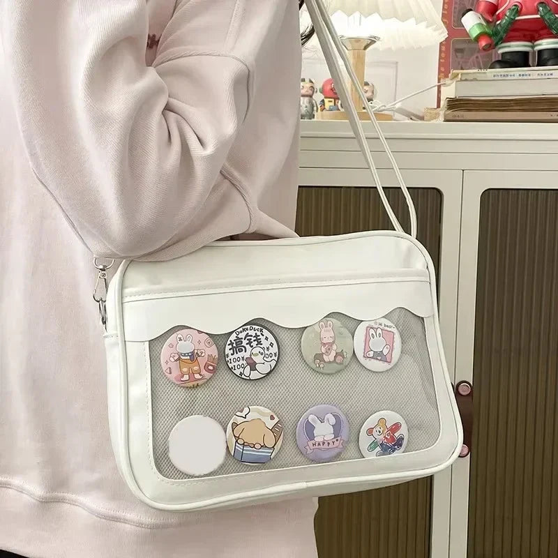 Women's PU Transparent Pocket Ita Bag | High School Girls JK Uniform Crossbody Shoulder Handbag (Fashion Satchel)
