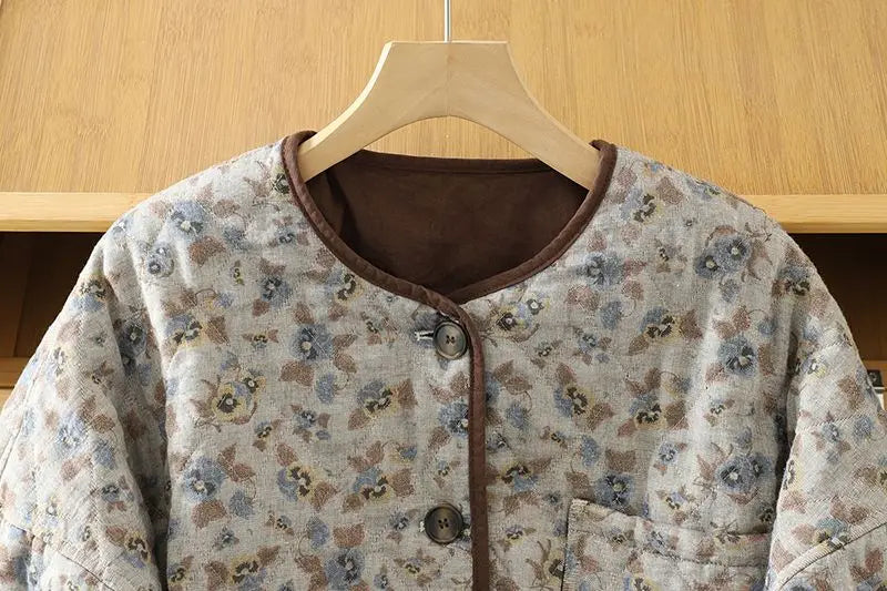 Korean Style Retro Floral Cotton Jacket For Women's Autumn Spring 2026 Fashion,Warm Round Neck Short Quilted Top w1519