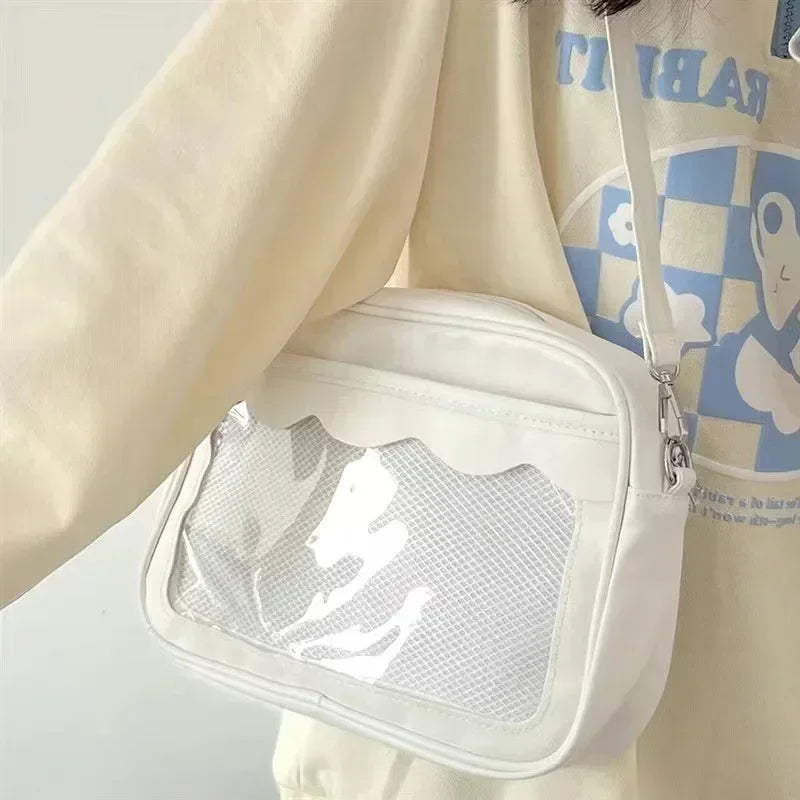 Women's PU Transparent Pocket Ita Bag | High School Girls JK Uniform Crossbody Shoulder Handbag (Fashion Satchel)