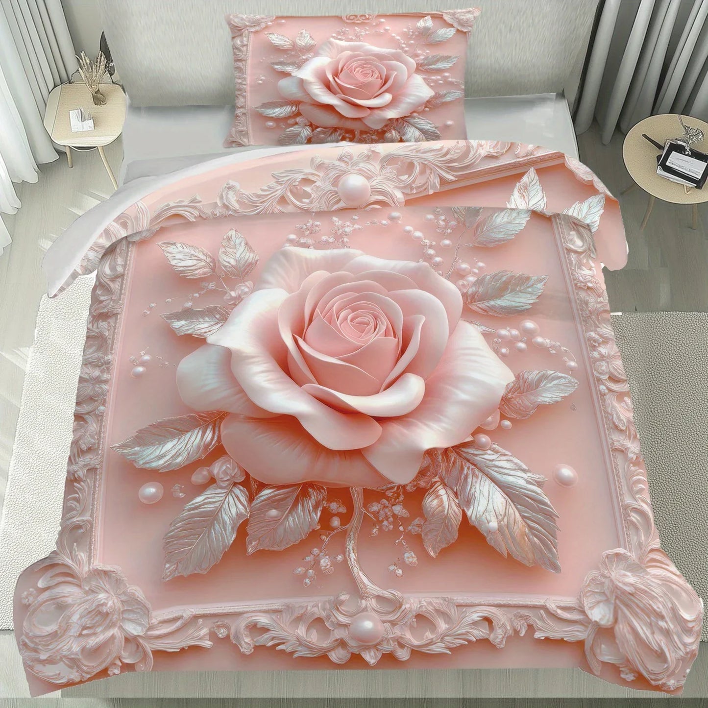 Latacaca 2/3Pcs Pink Rose Duvet Cover Set, Soft Comfortable Floral Bedding with Pillowcases, Machine Washable Queen King Size