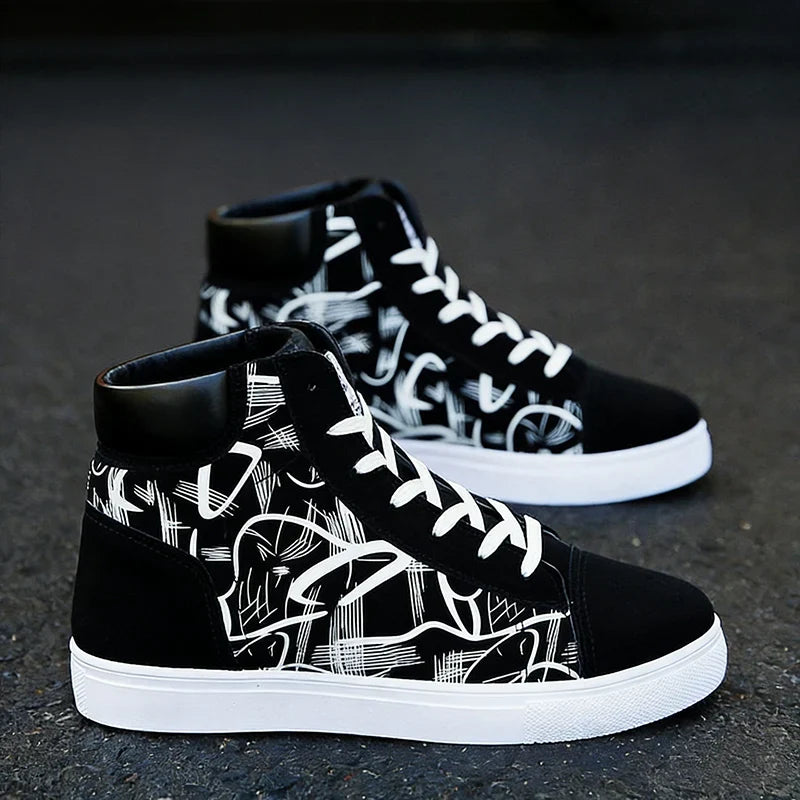 Street Style Fashion Sneakers Mens Casual Shoes Flat Breathable High top Black Red Brand Male Footwear