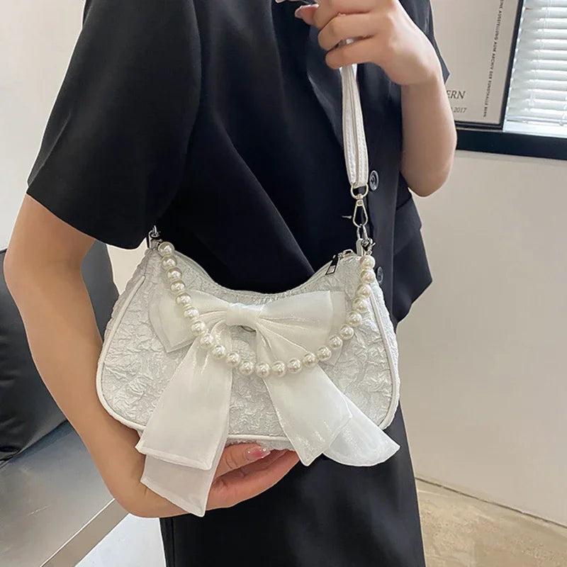 White Folds Pop Retro Bow Bag | Female Pearl Handle New Fashion Pearl Armpit Shoulder & Crossbody Bag