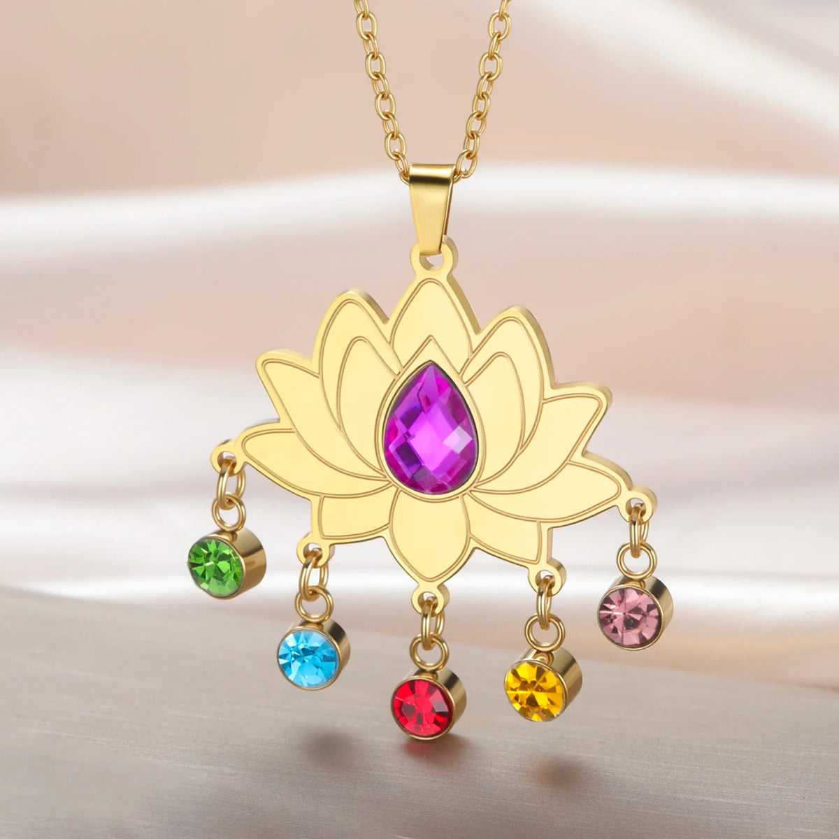 Gold Plated 7 Chakra Lotus Flower Necklace with Om Symbol Spiritual Yoga Jewelry Seven Colorful Zircon Lotus Flower Necklace