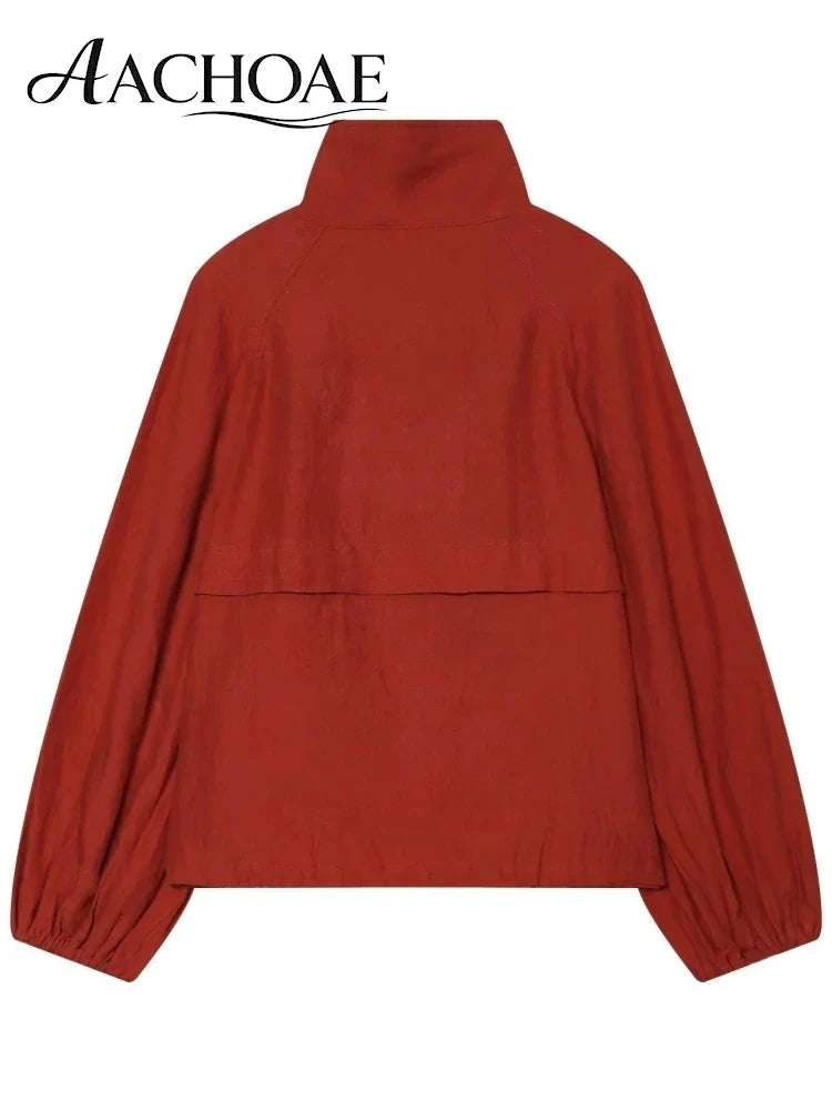 AACHOAE Women High Neck Lightweight Jacket Casual Long Sleeve Windbreaker Coat Drawstring Hem Button Front Short Outerwear