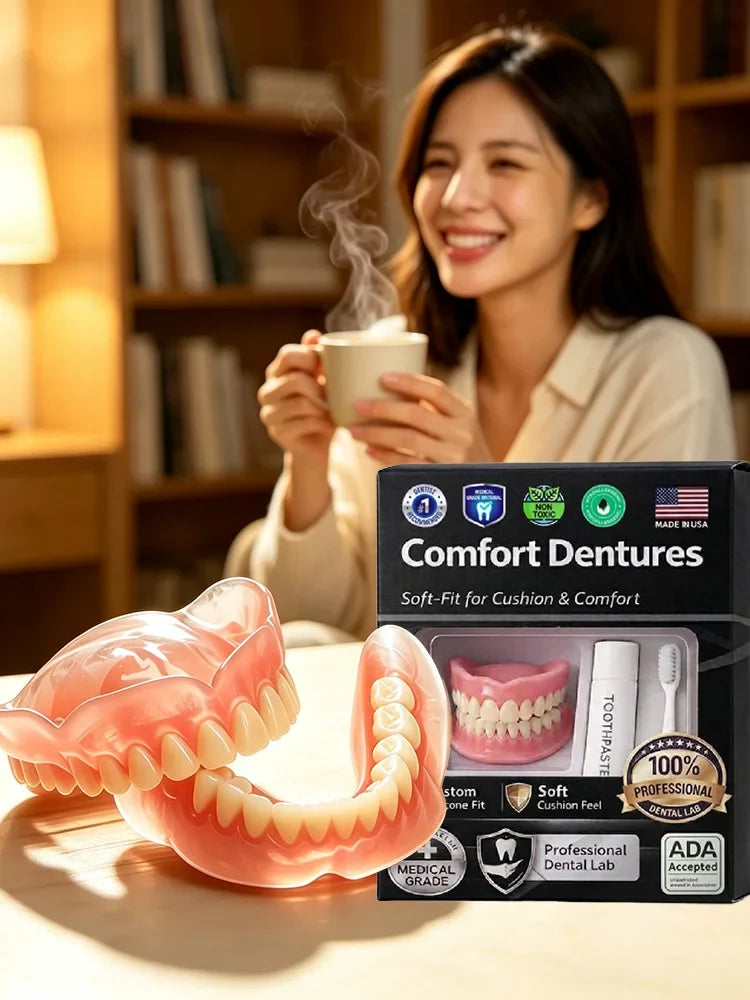 Temporary Adjustable Resin Full Dentures, Natural Bright White Smile, Easy Wear Cosmetic Dental Kit