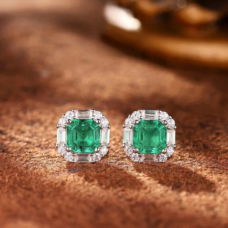 European and American Square Green Zircon Earrings, French Romantic Women's Inlaid Zircon Banquet Design, Shiny Jewelry