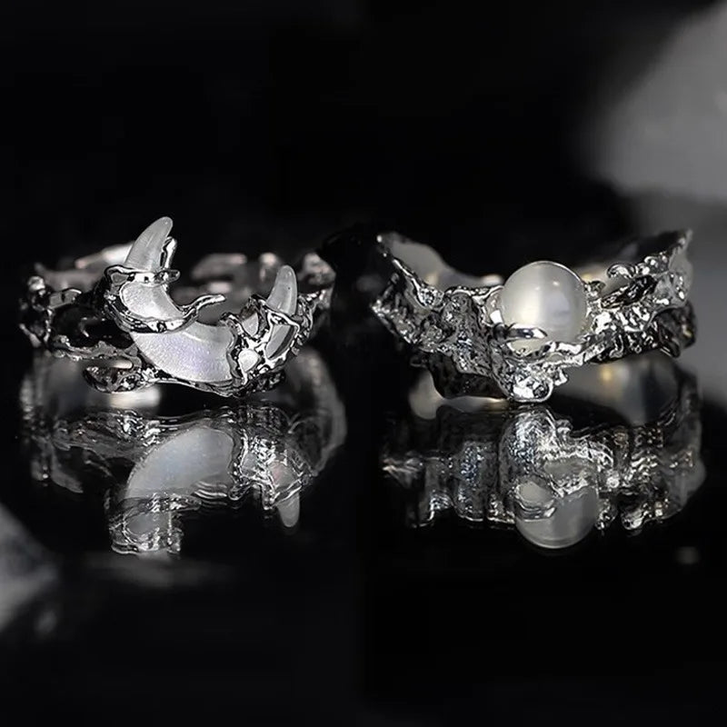 Vintage Y2K Irregular Sun Moon Open Ring for Women Men Adjustable Metal Punk Finger Rings Fashion Party Jewelry Lovers Gifts