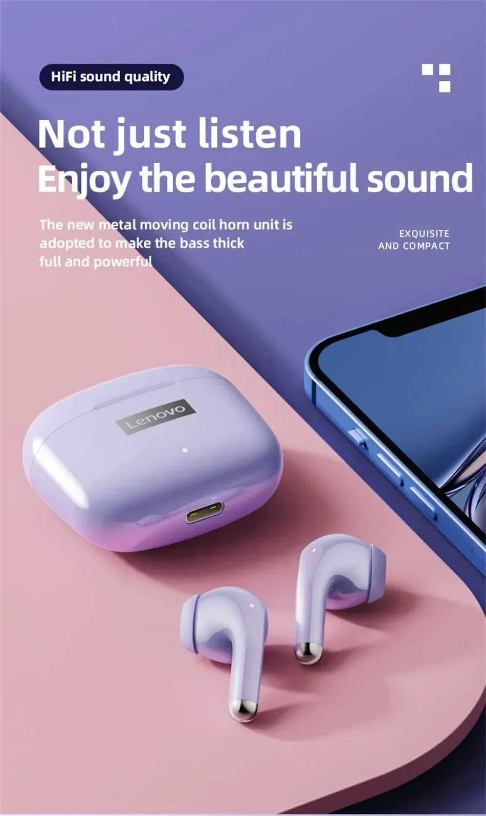 Lenovo LP40 Pro TWS Bluetooth 5.4 Wireless Headphones HiFi Stereo Earphones Gaming Sports Touch Control HD Call With Mic Earbuds