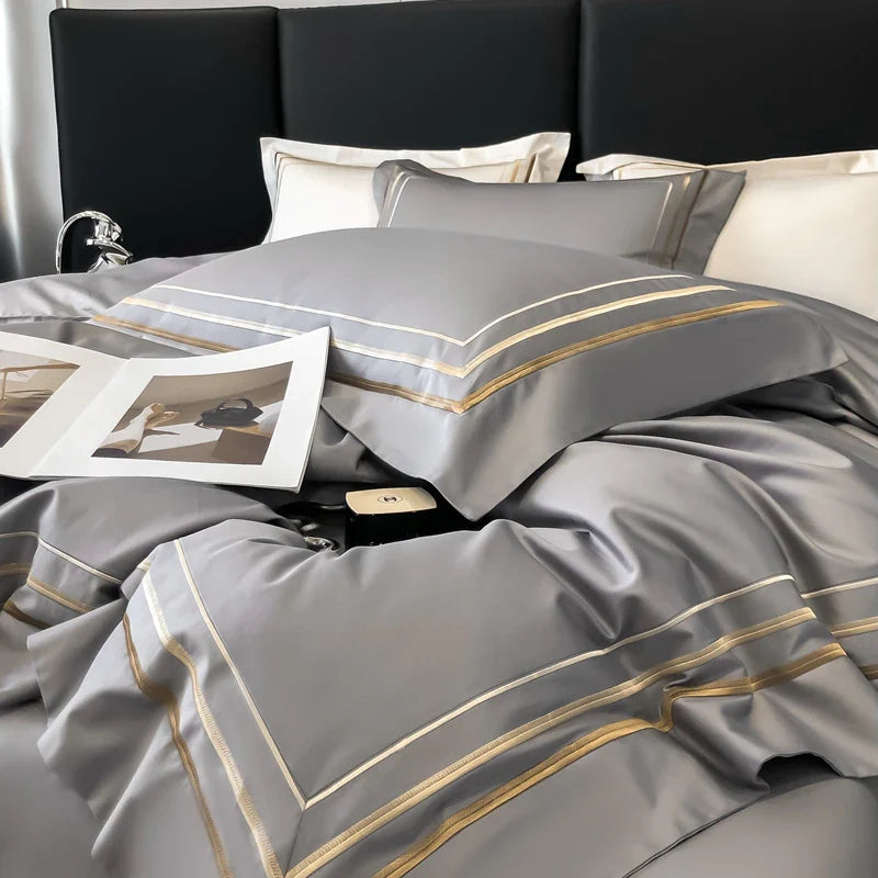 Hotel Style Bedding Set Luxury Golden Embroidery Duvet Cover Grey Egyptian Cotton Bed Sheets Pillowcases Solid Color Bedclothes