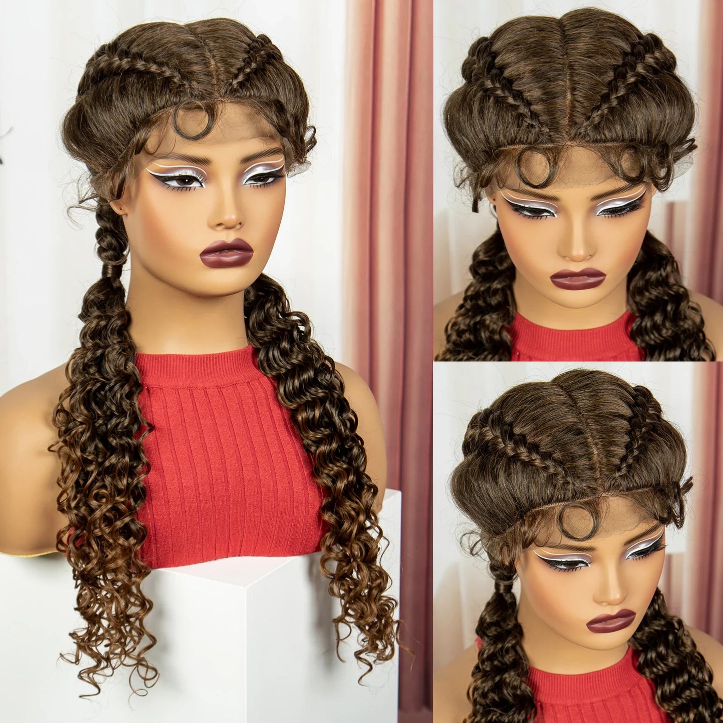 Curly Cornrow Twist Braids Wig | 13x1 T Part Lace | Water Wave | Black Women