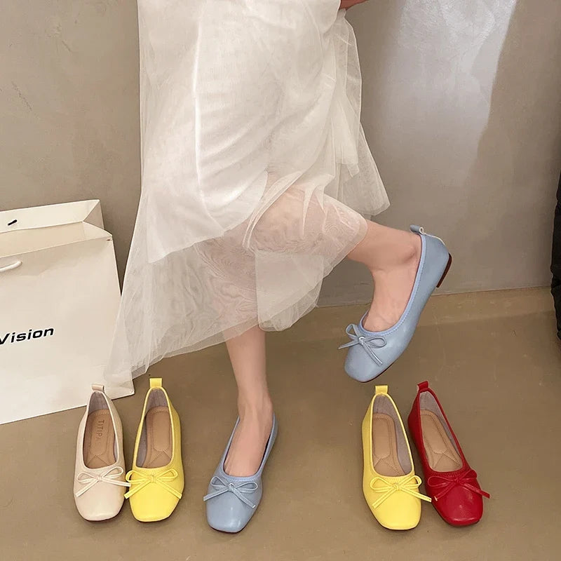 2026 Brand Women Flats Spring New Square Toe Bowknot Ladies Casual Ballet Shoes Big Size Slip on Soft Eelgant Dress Shoes 12457