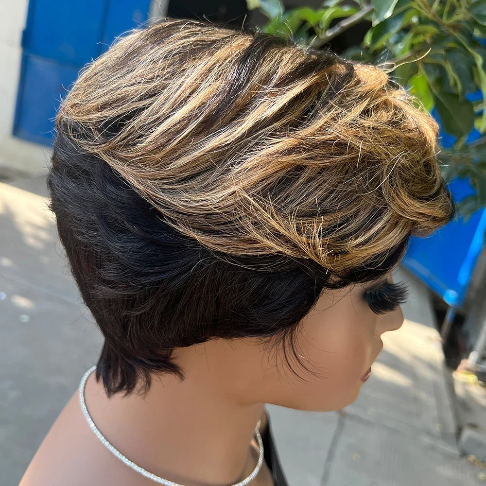 Short Pixie Cut Human Hair Wig with Bangs | Brazilian Remy, Machine Made