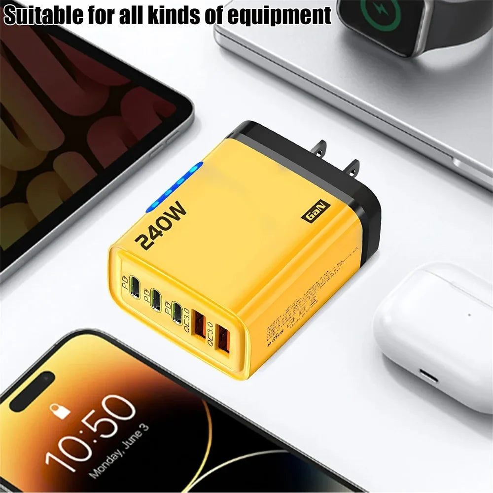 5 in 1 GaN USB C Desktop Charger 240W Fast Charge Phone Adapter 10A Type C Cable For iPhone Samsung Xiaomi EU/US/UK Plug Charger