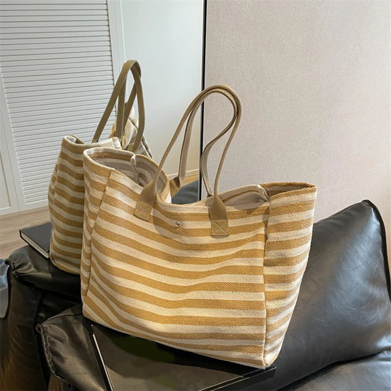Casual Striped Canvas Bag for Women | Large Capacity Shoulder Bag & Daily Shopping Tote (Student Bookbag for School, Travel, Beach)