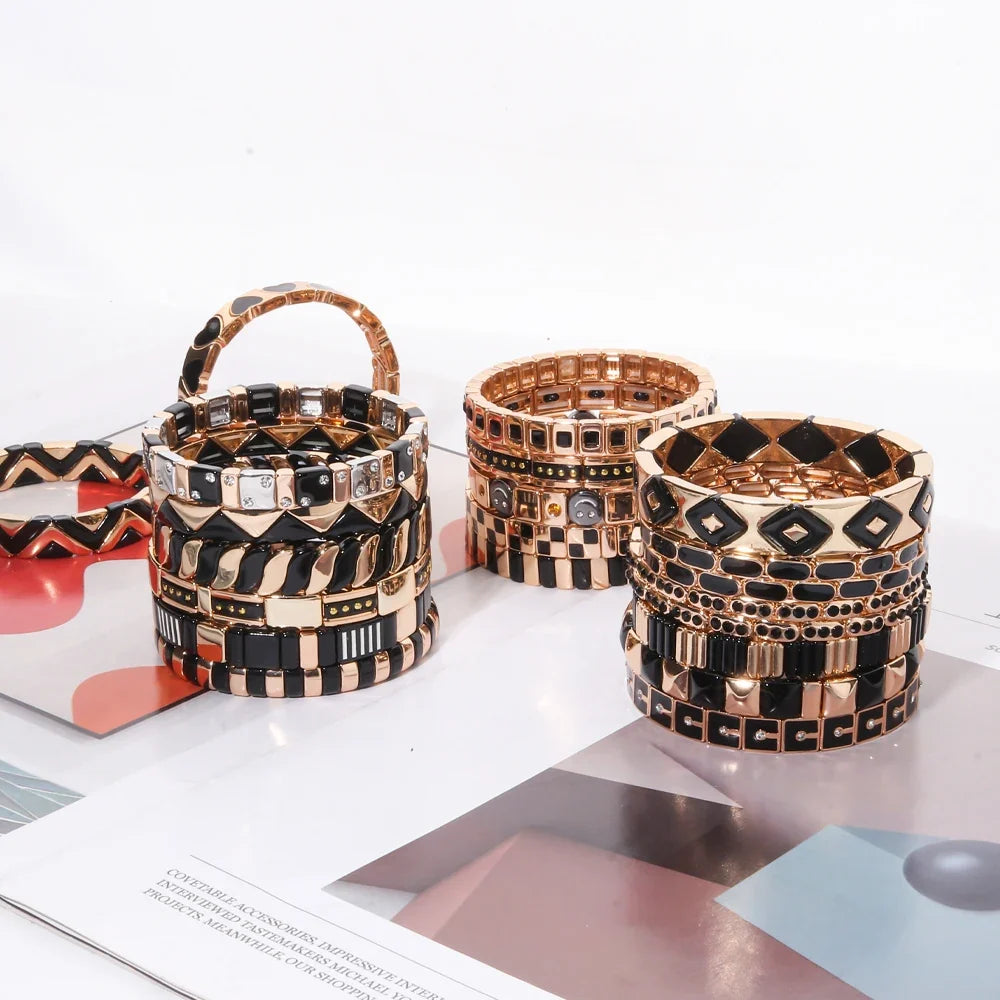 2026 New Black Gold Color Beaded Bangle for Women and Men Handmade Elastic hand Wrist Bracelets