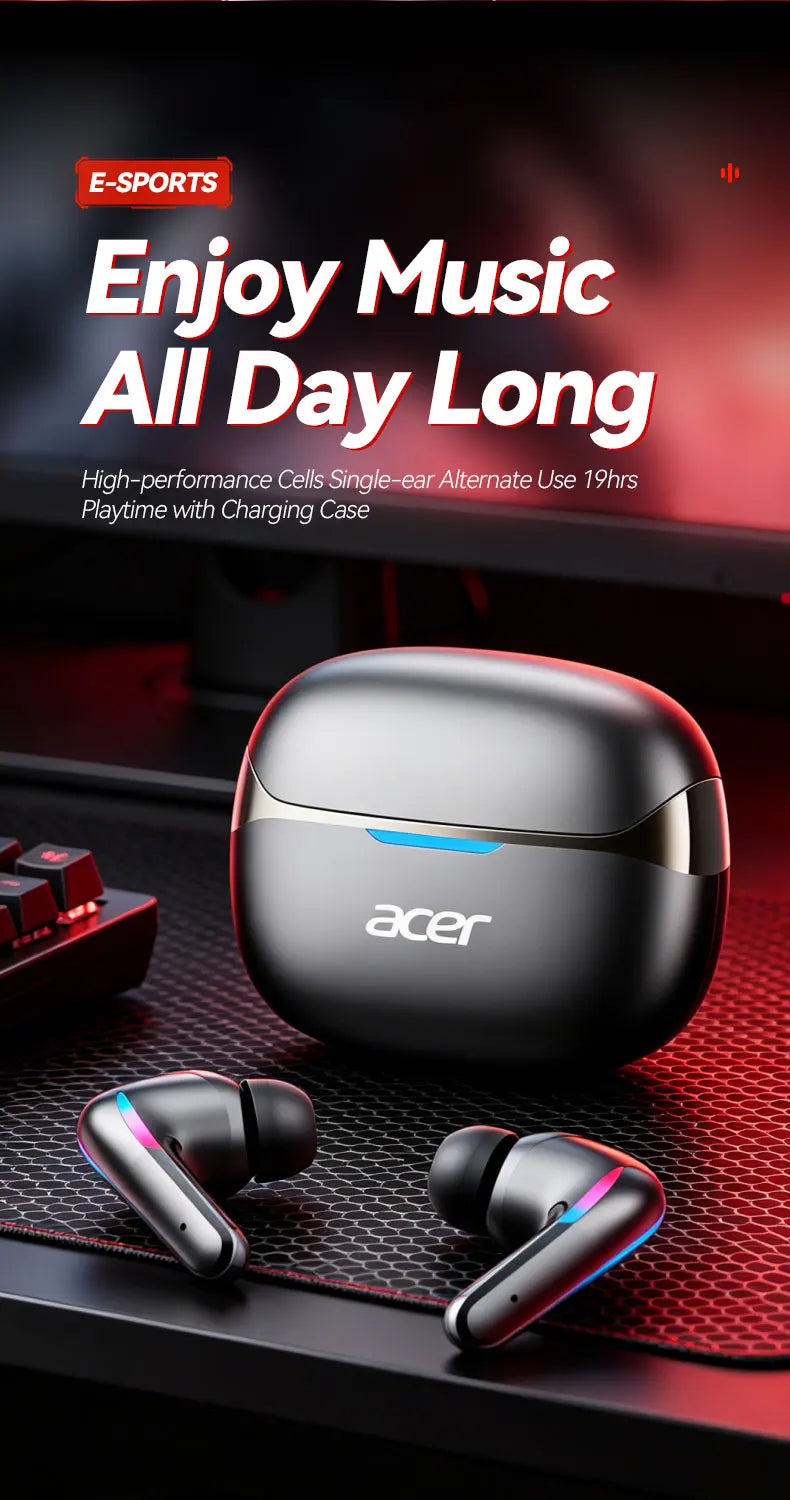 Acer Ohr829 Wireless Headphones Bluetooth 6.0 Low-Latency Gaming Headphones Enc Call Noise Reduction Surround Stereo Sound Comfortable to Wear Long Battery Life Compatible with Mobile Phones and Tablets