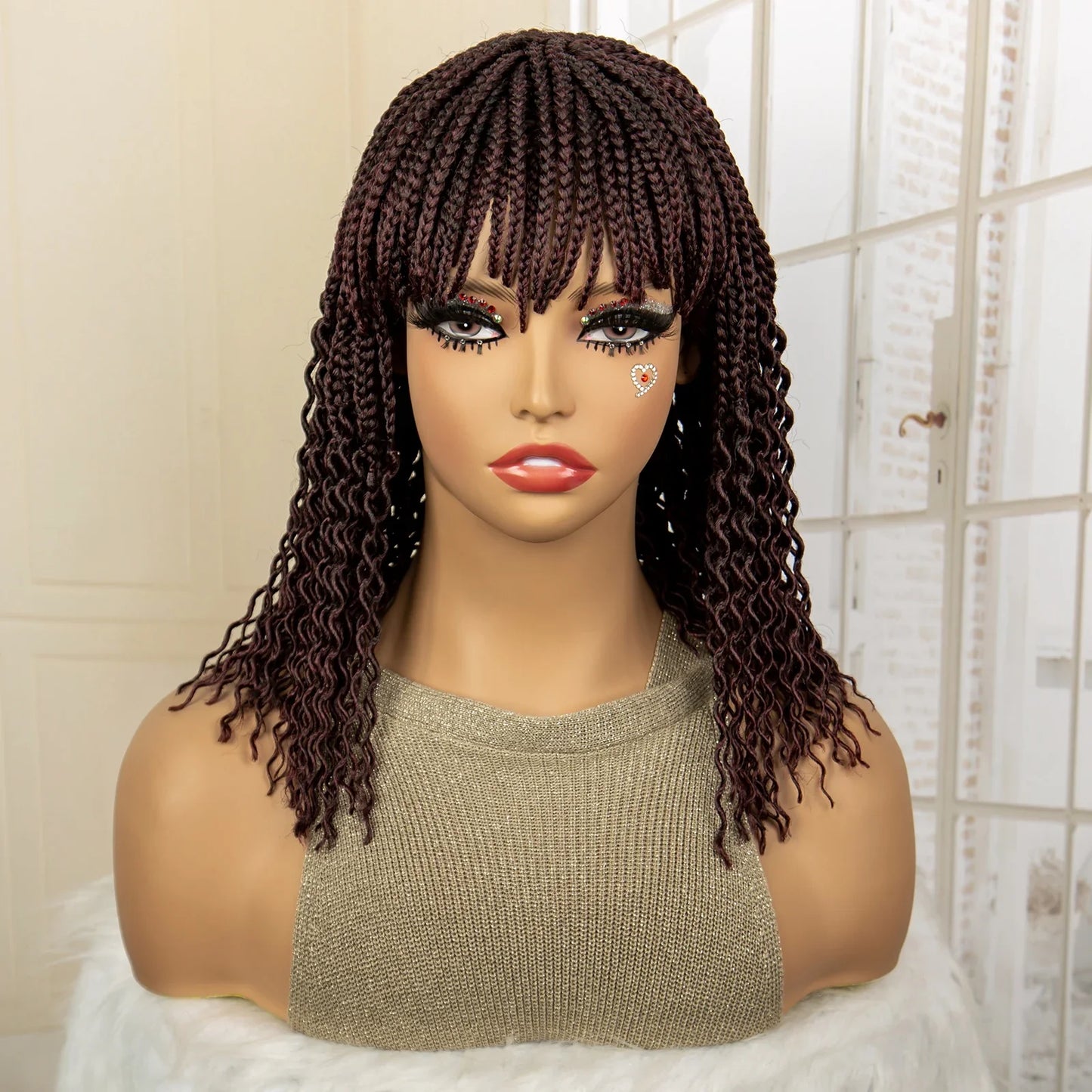 Short 14" Bob Braided Wig | Curly Knotless Box Braids | Synthetic Machine Made Wig | For Black Women