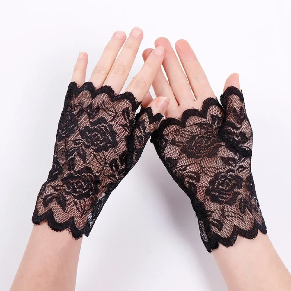 Women Short Lace Hollow-Out Fingerless Gloves Sun Protection Sleeves Mesh Thin Cycling Sexy Mittens Half Finger Handschoenen
