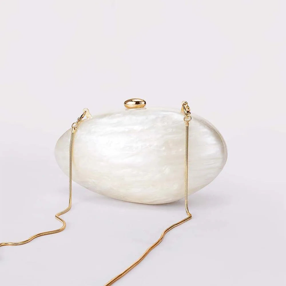 Oval Marble Beige Shell Acrylic Luxury Elegant Lady Evening Bag | Cute Handbag & Wedding Girl Female Mini Purse
