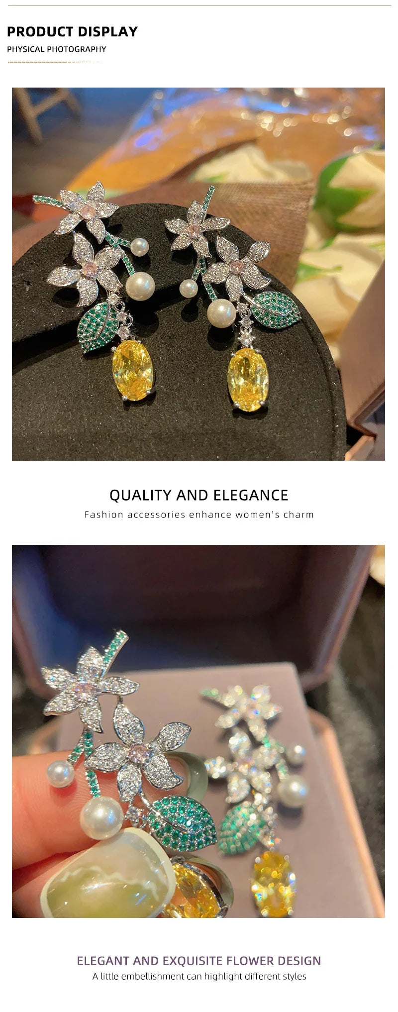 SUYU New Holiday Style Long Vintage Flower Earrings Female Leaf Yellowcrystal Forest Earrings