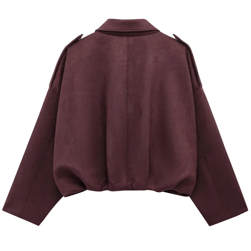 HXAO Women's Bomber Jacket Lapel Long Sleeve Zipper Suede Jacket Women 2025 High Street Cropped Racing Jackets Coats Outerwears