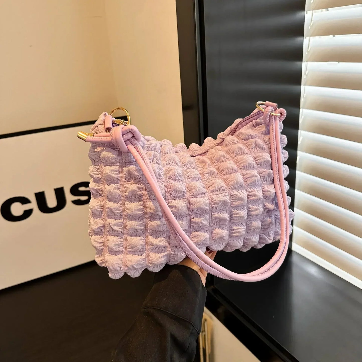 Canvas Wrinkle Bag for Women | Shoulder Bags & Pleated Bubbles Handbags (Padded Casual Underarm Quilted Tote Cloud Bag Purse)